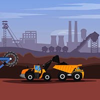 Mining industry flat composition with coal loading by excavator to truck on factory background vector illustration